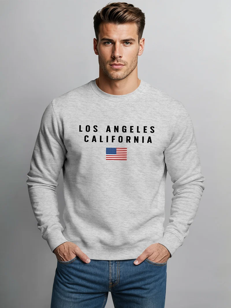 Sweatshirt Herren Bedruckt Schriftzug California Los Angeles USA Amerika Flagge Rundhals-Pullover
