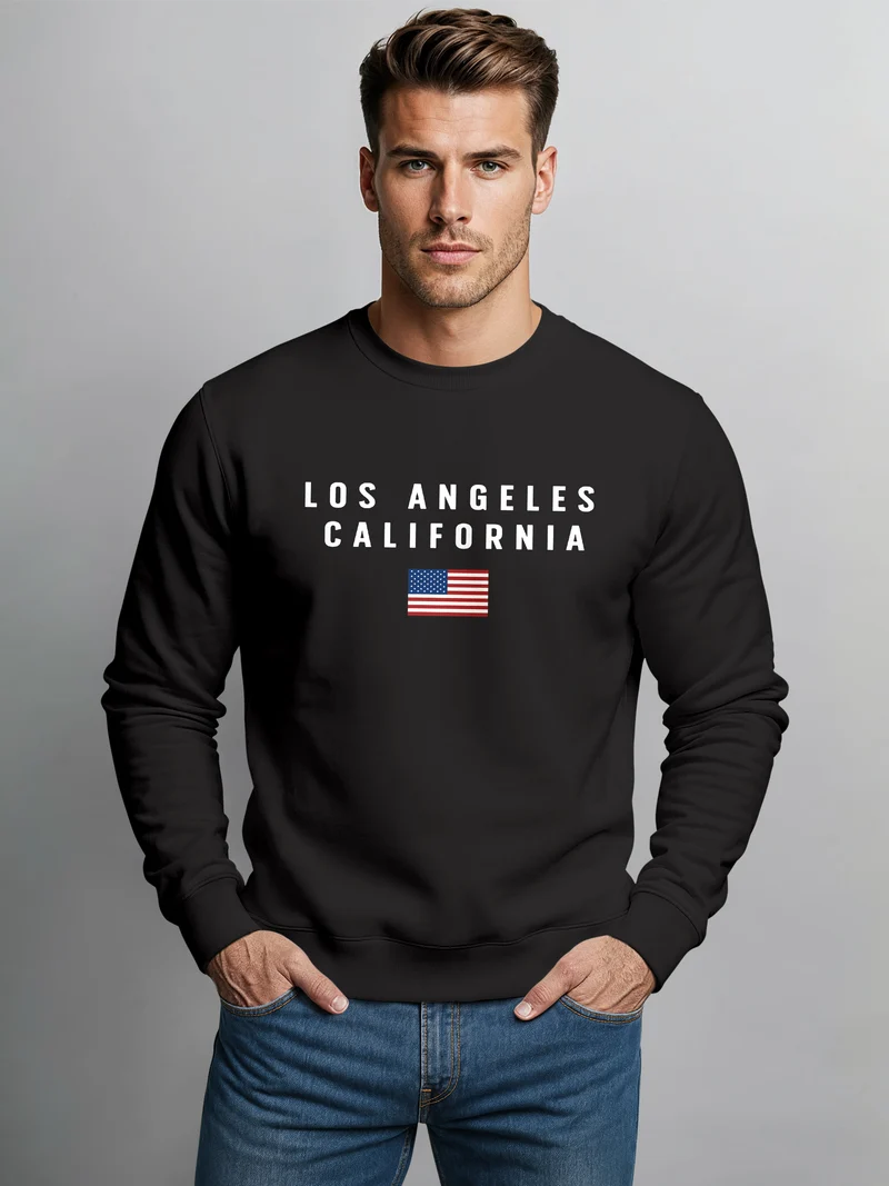Sweatshirt Herren Bedruckt Schriftzug California Los Angeles USA Amerika Flagge Rundhals-Pullover