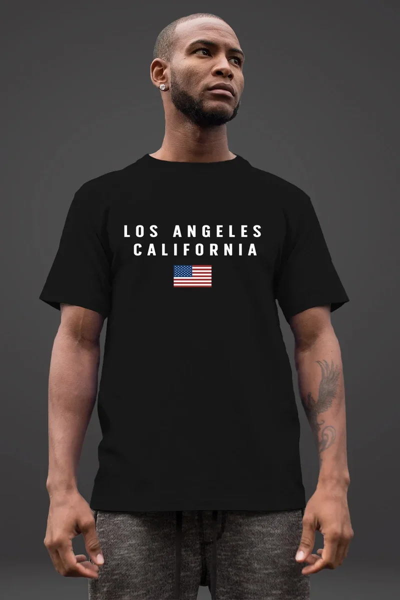 Herren T-Shirt Bedruckt Schriftzug California Los Angeles USA Amerika Flagge Fashion Streetstyle