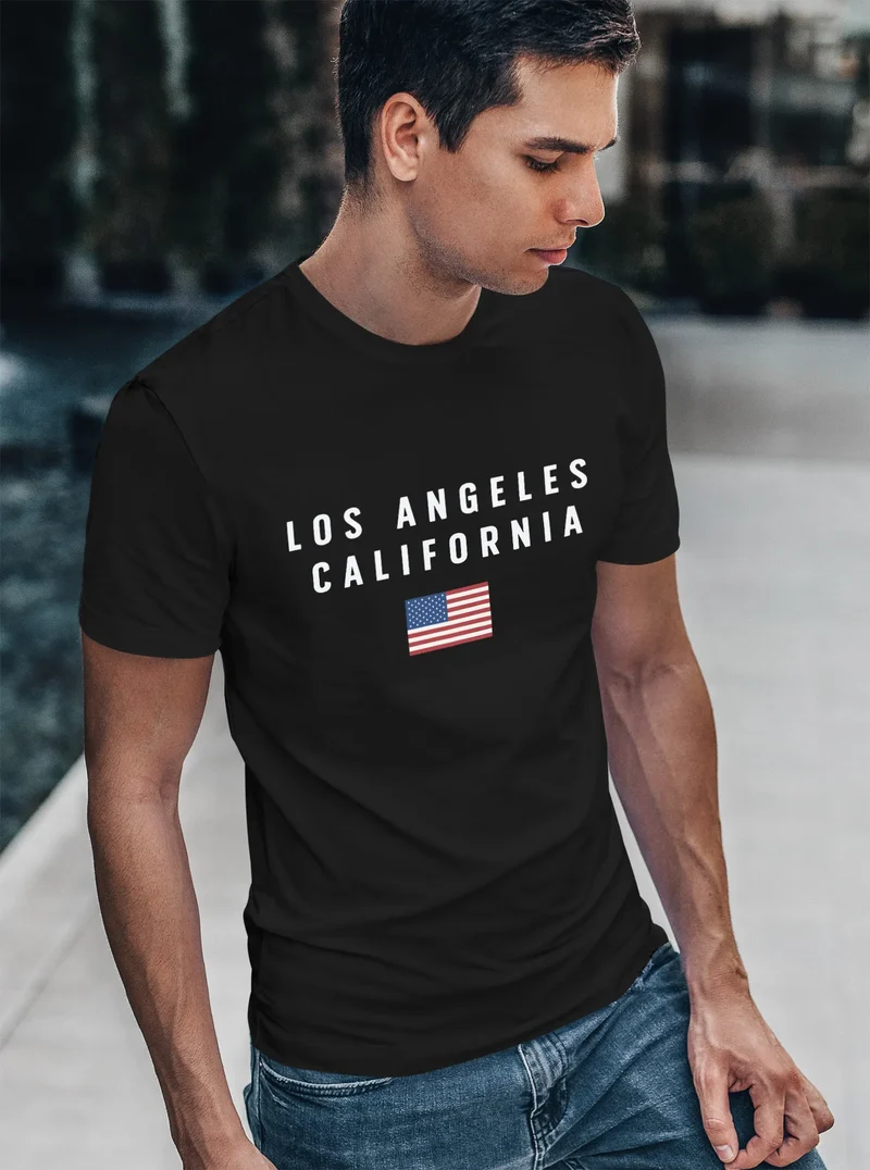 Herren T-Shirt Bedruckt Schriftzug California Los Angeles USA Amerika Flagge Fashion Streetstyle