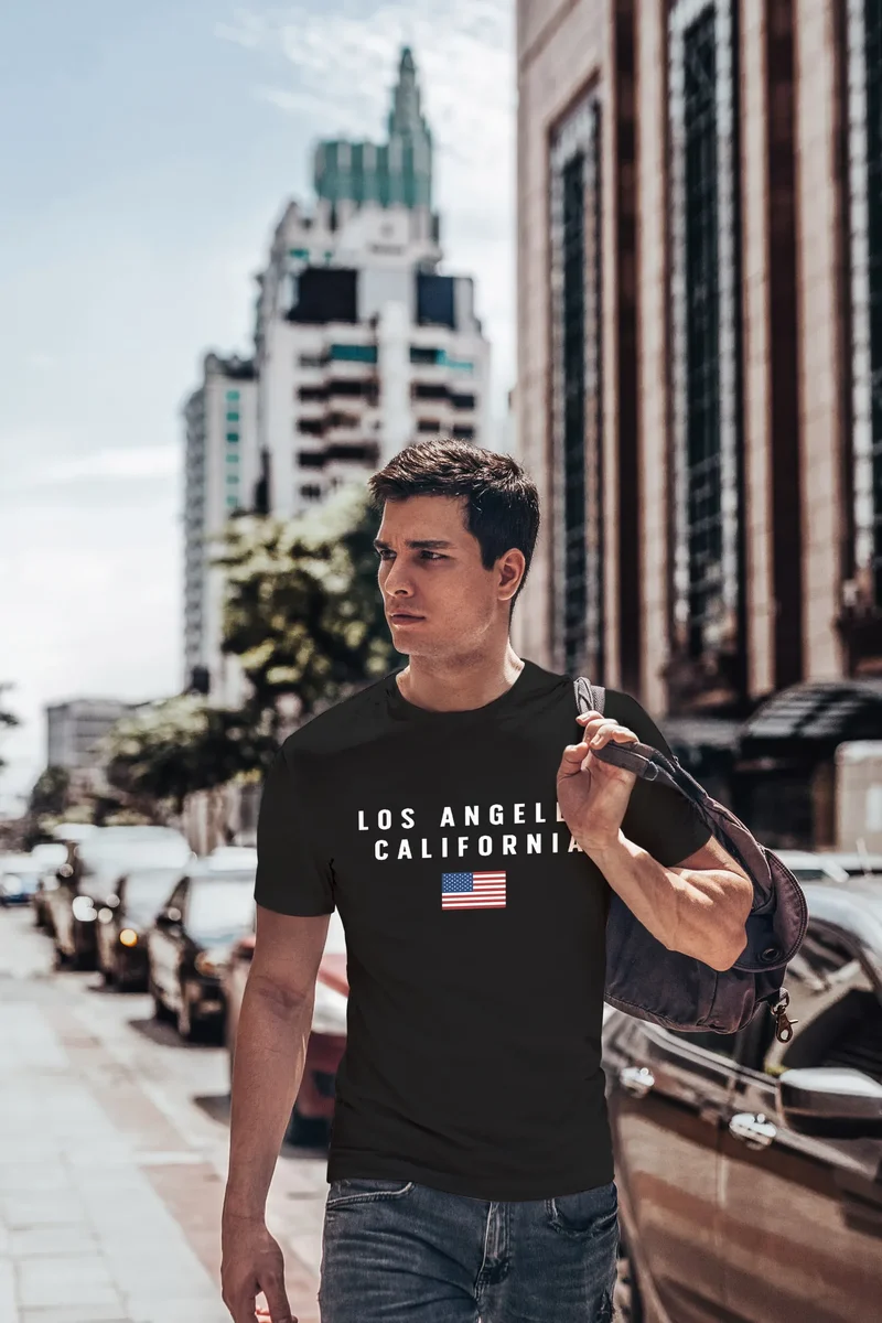 Herren T-Shirt Bedruckt Schriftzug California Los Angeles USA Amerika Flagge Fashion Streetstyle