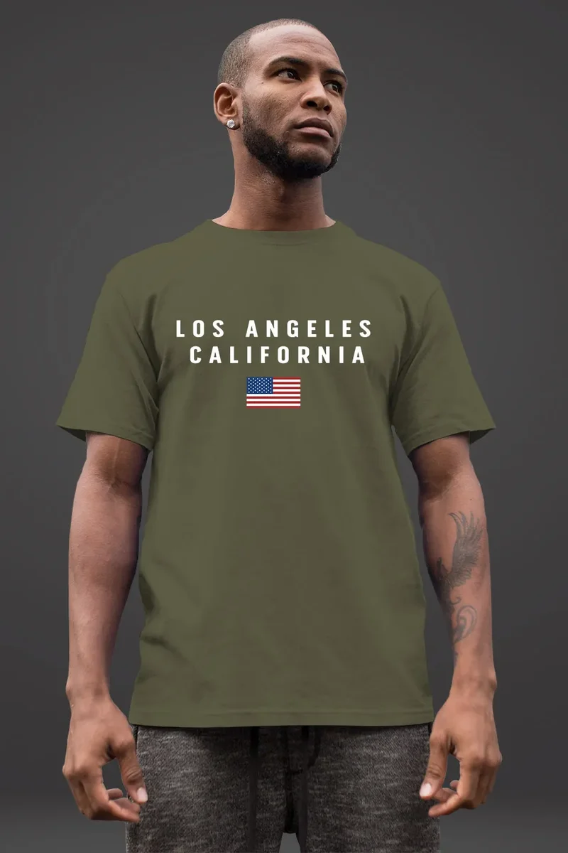 Herren T-Shirt Bedruckt Schriftzug California Los Angeles USA Amerika Flagge Fashion Streetstyle