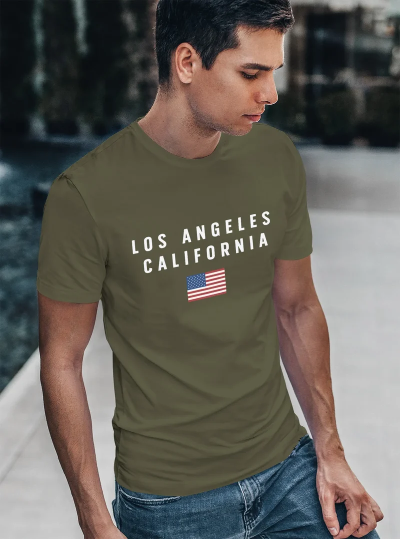 Herren T-Shirt Bedruckt Schriftzug California Los Angeles USA Amerika Flagge Fashion Streetstyle