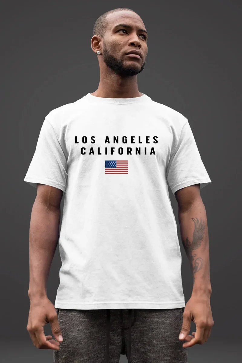 Herren T-Shirt Bedruckt Schriftzug California Los Angeles USA Amerika Flagge Fashion Streetstyle