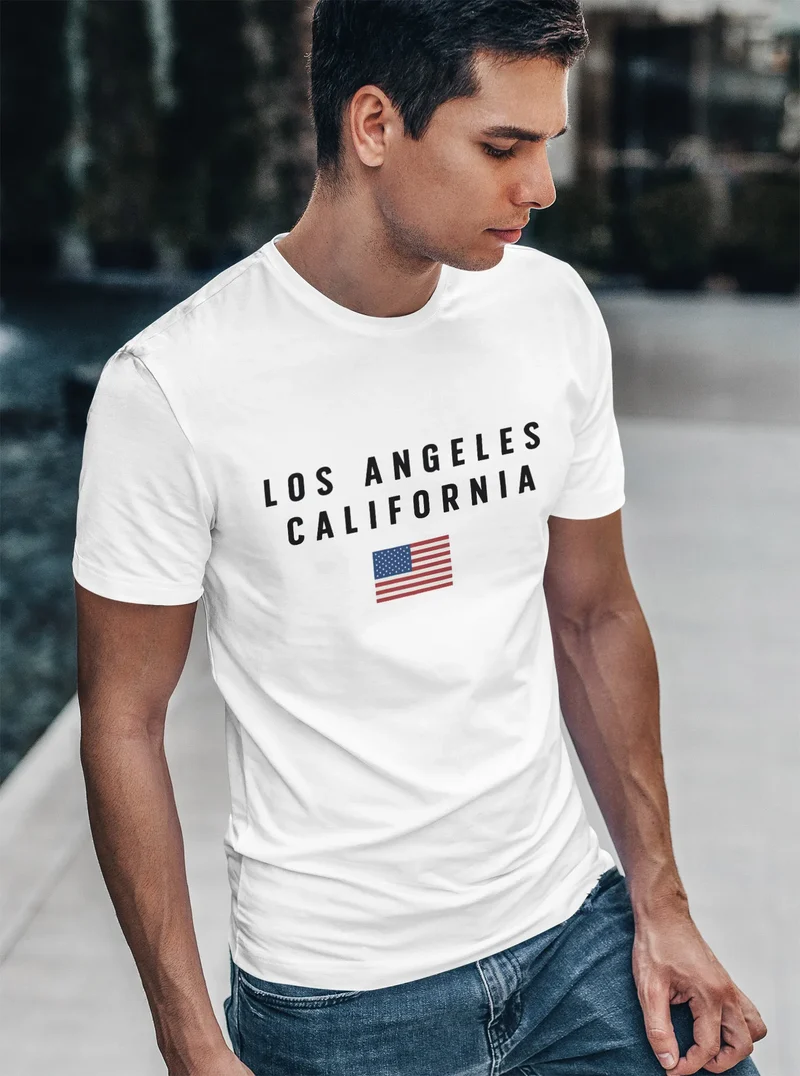 Herren T-Shirt Bedruckt Schriftzug California Los Angeles USA Amerika Flagge Fashion Streetstyle