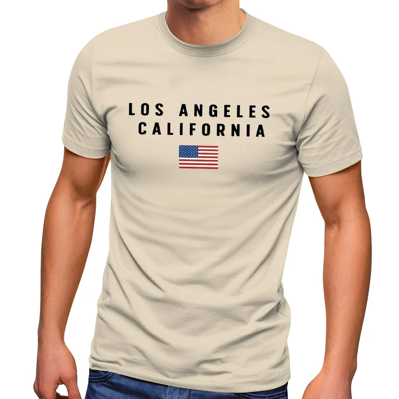 Herren T-Shirt Bedruckt Schriftzug California Los Angeles USA Amerika Flagge Fashion Streetstyle