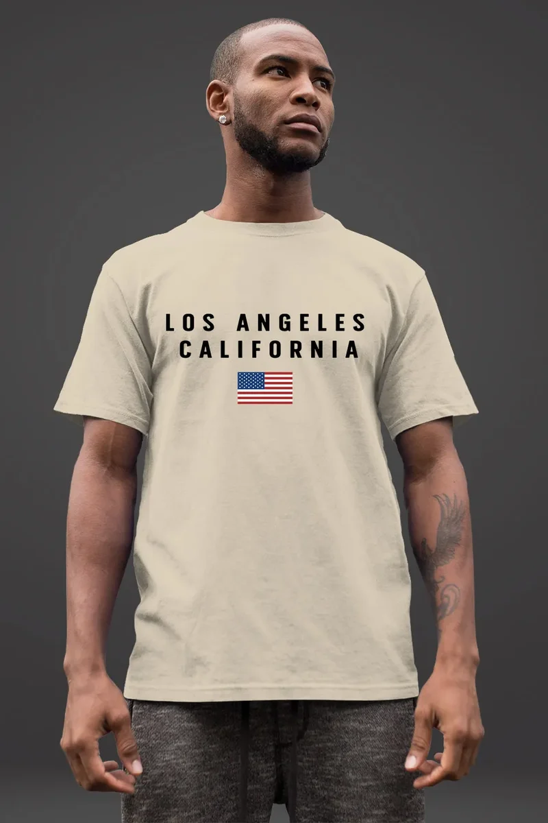 Herren T-Shirt Bedruckt Schriftzug California Los Angeles USA Amerika Flagge Fashion Streetstyle