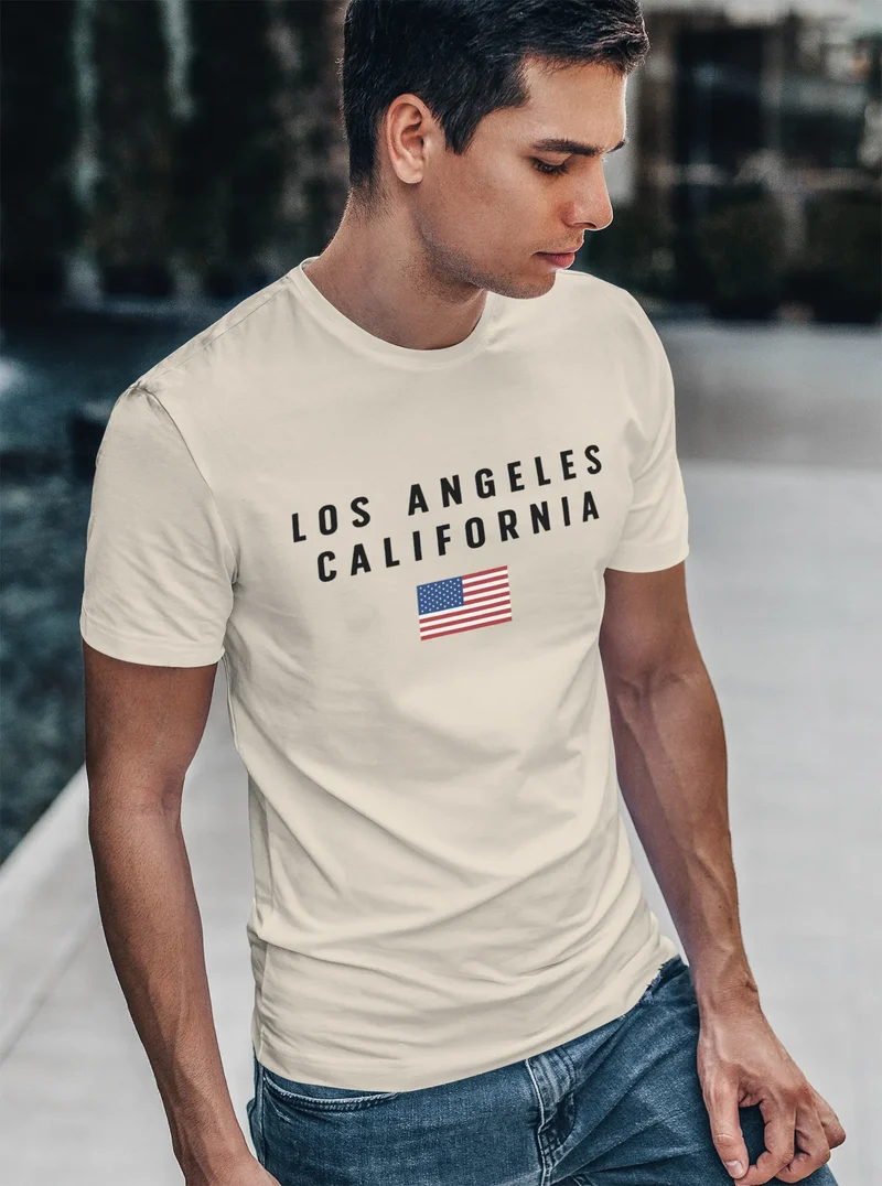 Herren T-Shirt Bedruckt Schriftzug California Los Angeles USA Amerika Flagge Fashion Streetstyle