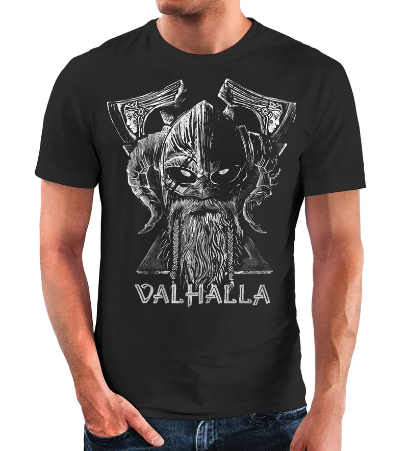 Herren T-Shirt Bedruckt Valhalla Wikinger Odin Wotan Axt Print Muskelshirt Muscle Shirt Fashion Streetstyle
