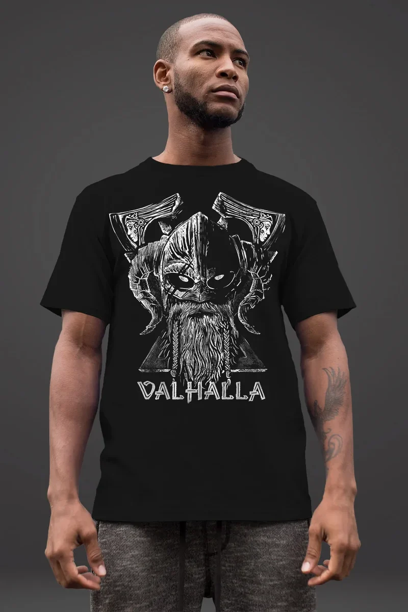 Herren T-Shirt Bedruckt Valhalla Wikinger Odin Wotan Axt Print Muskelshirt Muscle Shirt Fashion Streetstyle