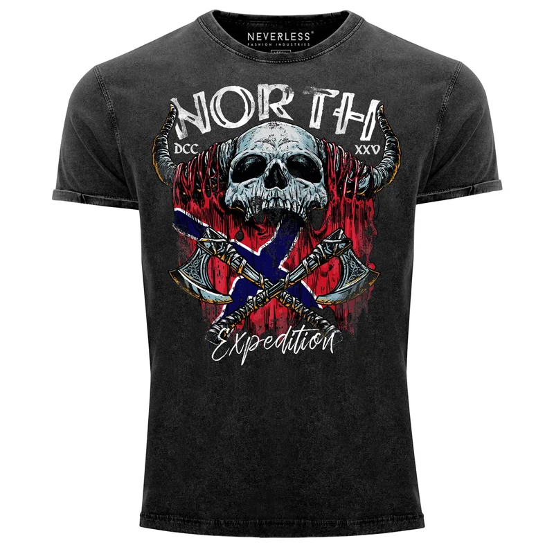 Herren Vintage Shirt North Wikinger Norwegen Skull Totenkopf Printshirt T-Shirt Aufdruck Used Look Slim Fit