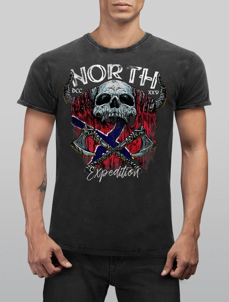 Herren Vintage Shirt North Wikinger Norwegen Skull Totenkopf Printshirt T-Shirt Aufdruck Used Look Slim Fit
