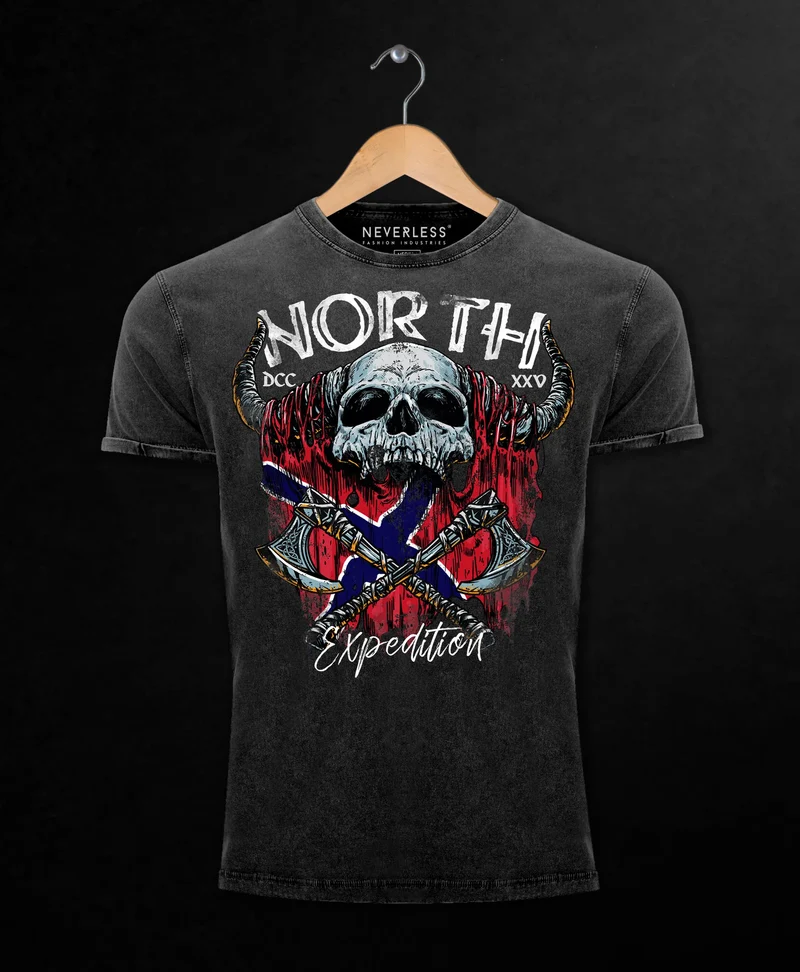 Herren Vintage Shirt North Wikinger Norwegen Skull Totenkopf Printshirt T-Shirt Aufdruck Used Look Slim Fit
