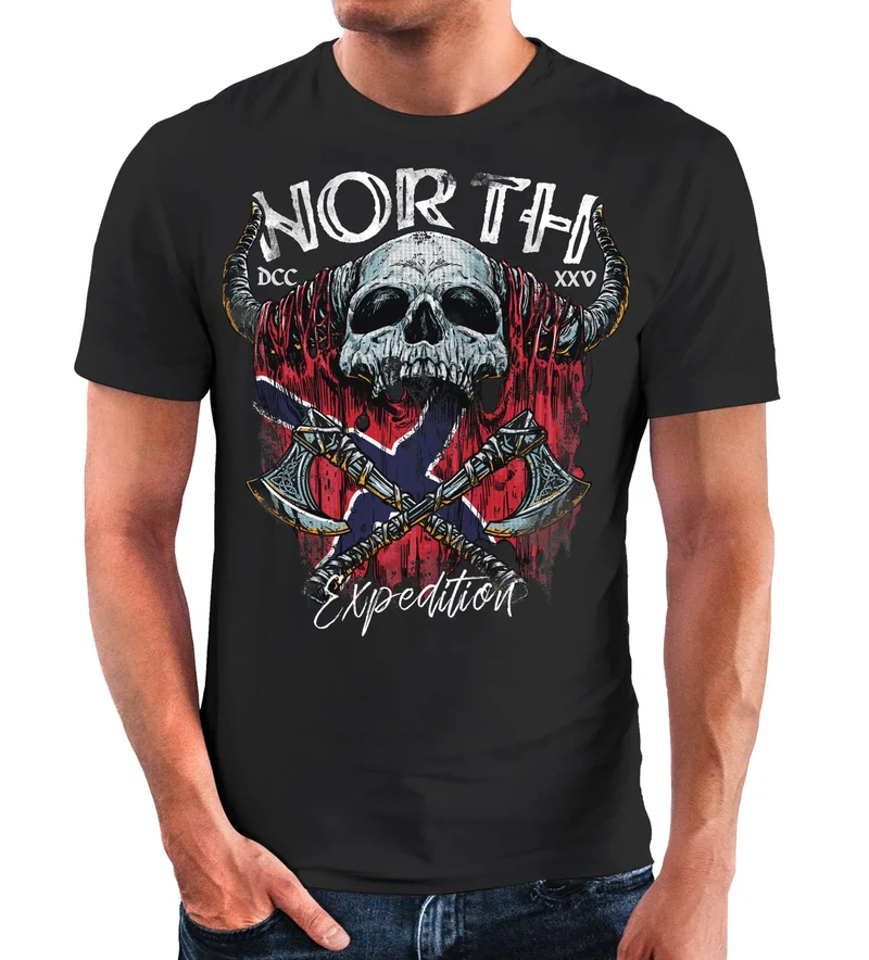 Herren T-Shirt North Wikinger Norwegen Skull Totenkopf Print Aufdruck Fashion Streetstyle