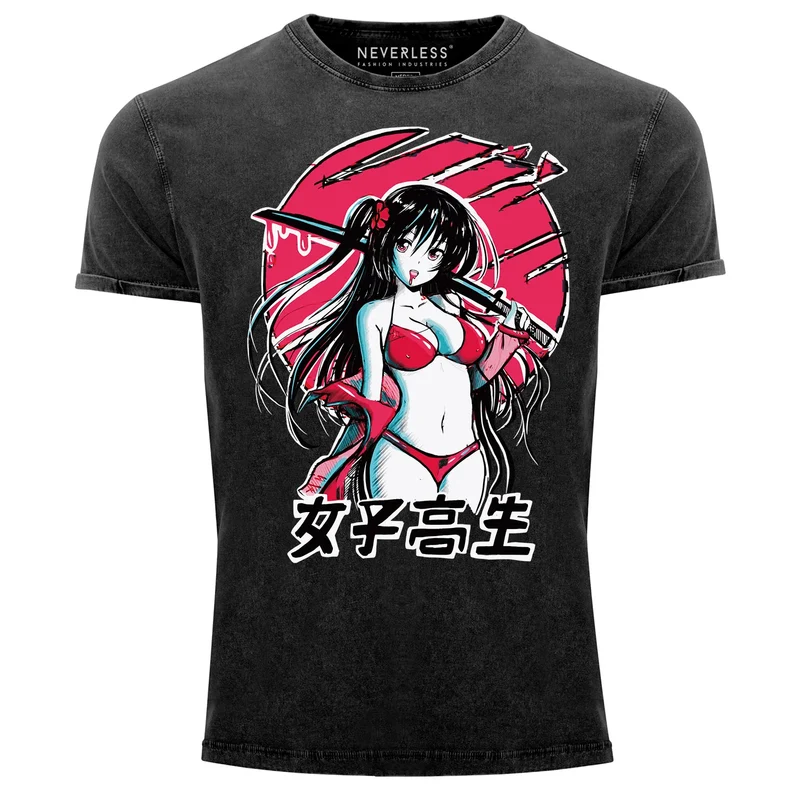 Herren Vintage Shirt Anime Japan Asien Schriftzeichen Samurai Schwert Printshirt T-Shirt Aufdruck Used Look Slim Fit