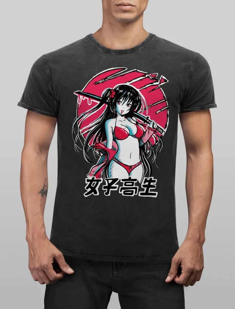 Herren Vintage Shirt Anime Japan Asien Schriftzeichen Samurai Schwert Printshirt T-Shirt Aufdruck Used Look Slim Fit