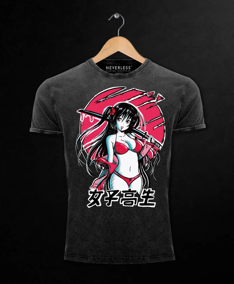 Herren Vintage Shirt Anime Japan Asien Schriftzeichen Samurai Schwert Printshirt T-Shirt Aufdruck Used Look Slim Fit
