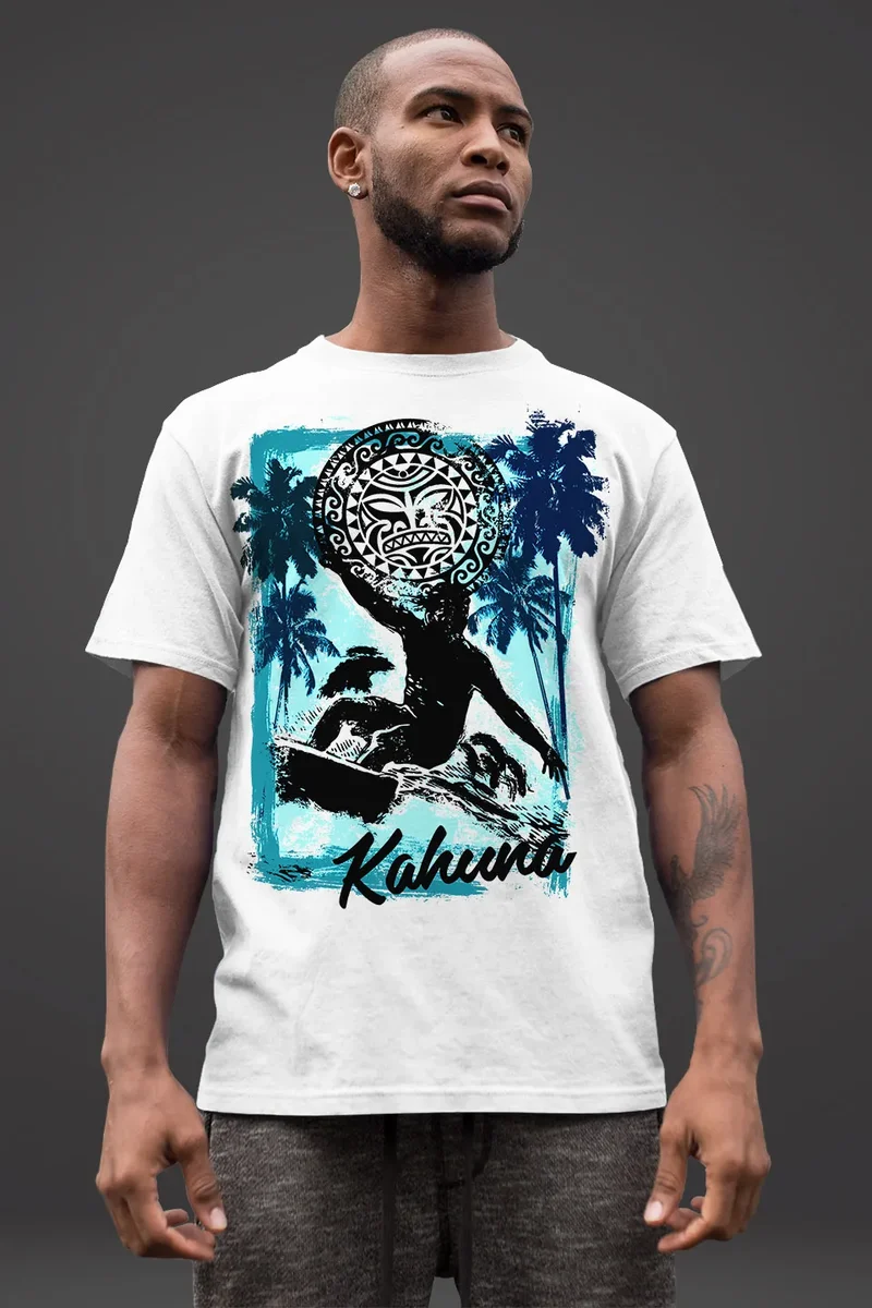 Herren T-Shirt Surfer Welle Wave Kahuna Tiki Maske Palmen Meer Fashion Streetstyle