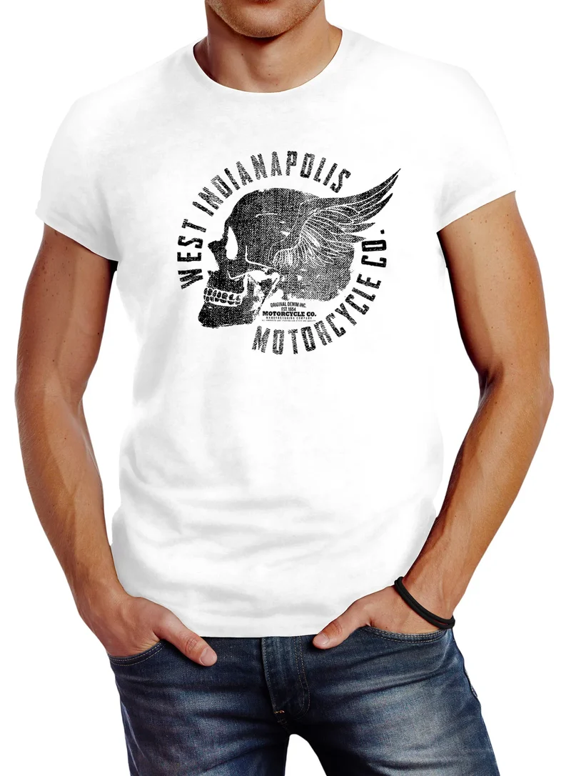 Herren T-Shirt Motorrad Biker Totenkopf Skull Wings Vintage Slim Fit