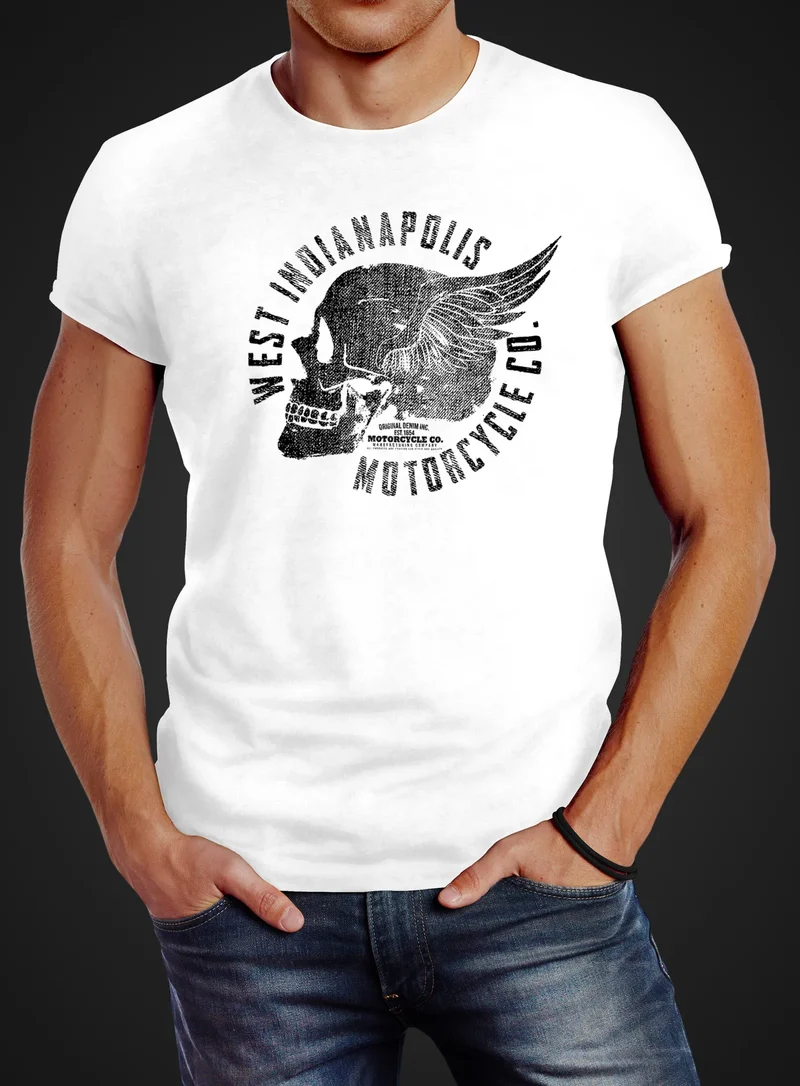Herren T-Shirt Motorrad Biker Totenkopf Skull Wings Vintage Slim Fit