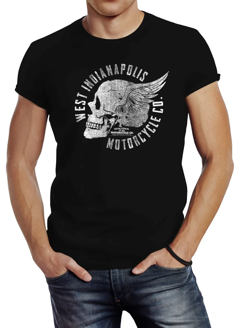 Herren T-Shirt Motorrad Biker Totenkopf Skull Wings Vintage Slim Fit