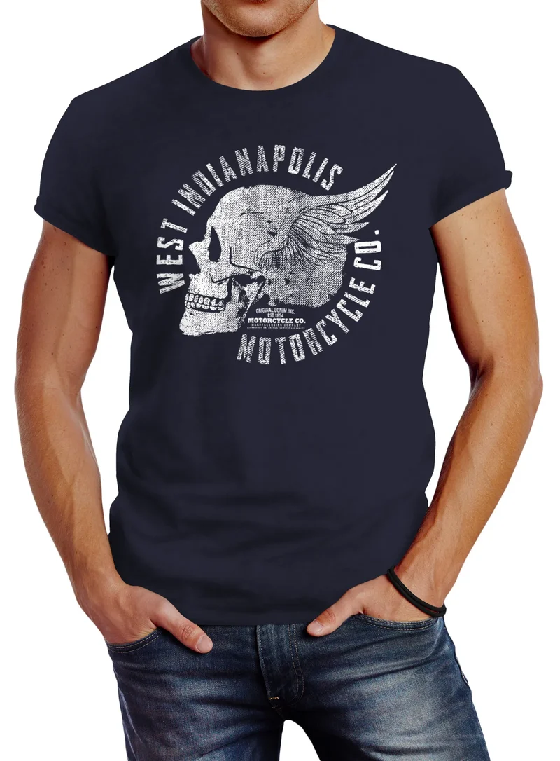 Herren T-Shirt Motorrad Biker Totenkopf Skull Wings Vintage Slim Fit