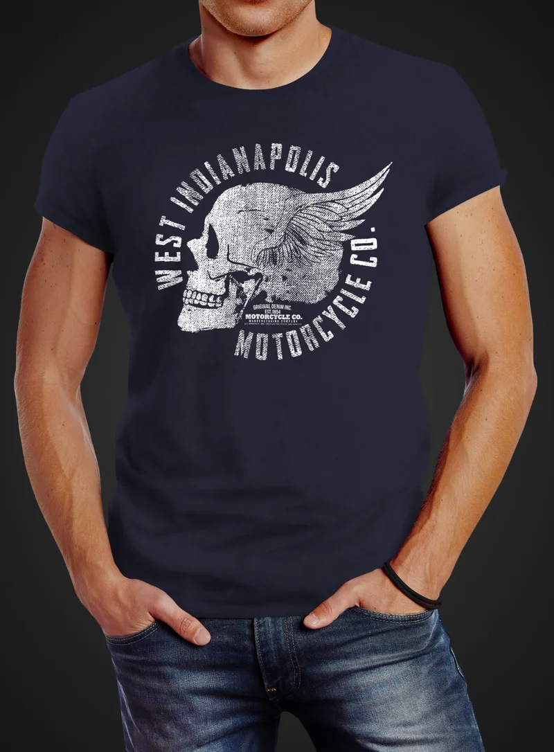Herren T-Shirt Motorrad Biker Totenkopf Skull Wings Vintage Slim Fit