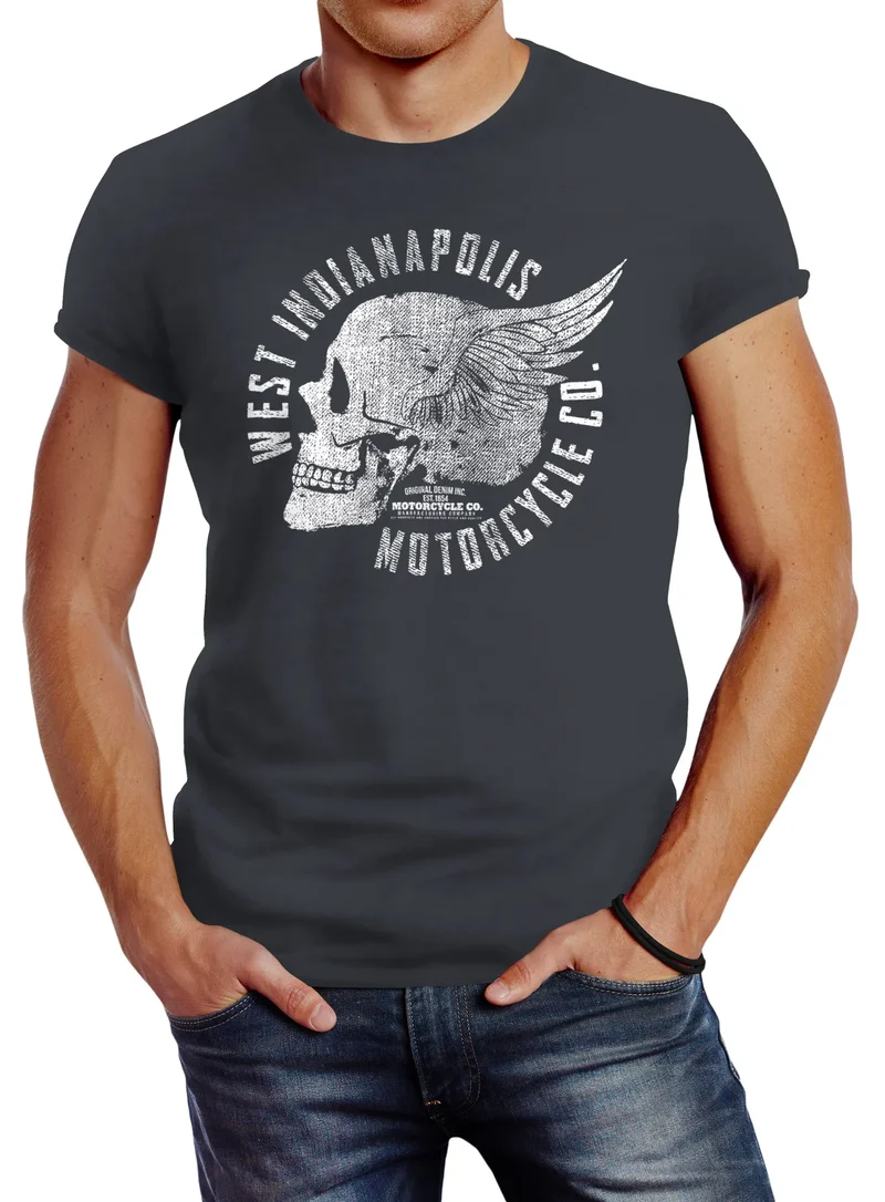 Herren T-Shirt Motorrad Biker Totenkopf Skull Wings Vintage Slim Fit