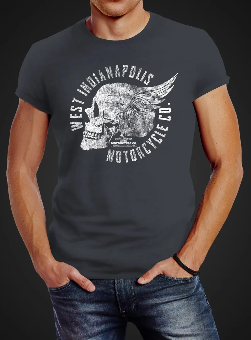 Herren T-Shirt Motorrad Biker Totenkopf Skull Wings Vintage Slim Fit