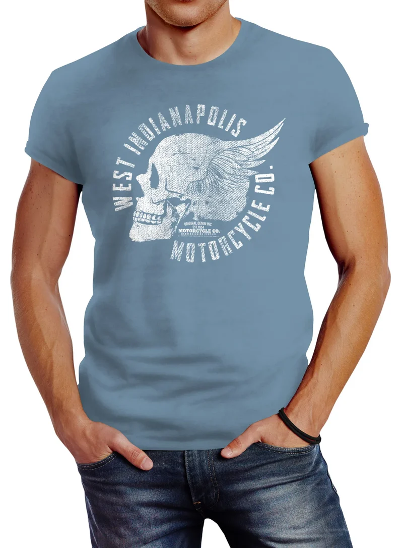 Herren T-Shirt Motorrad Biker Totenkopf Skull Wings Vintage Slim Fit
