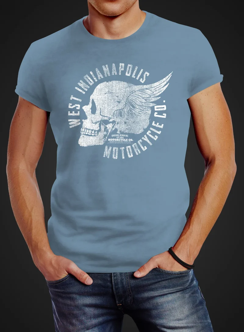 Herren T-Shirt Motorrad Biker Totenkopf Skull Wings Vintage Slim Fit