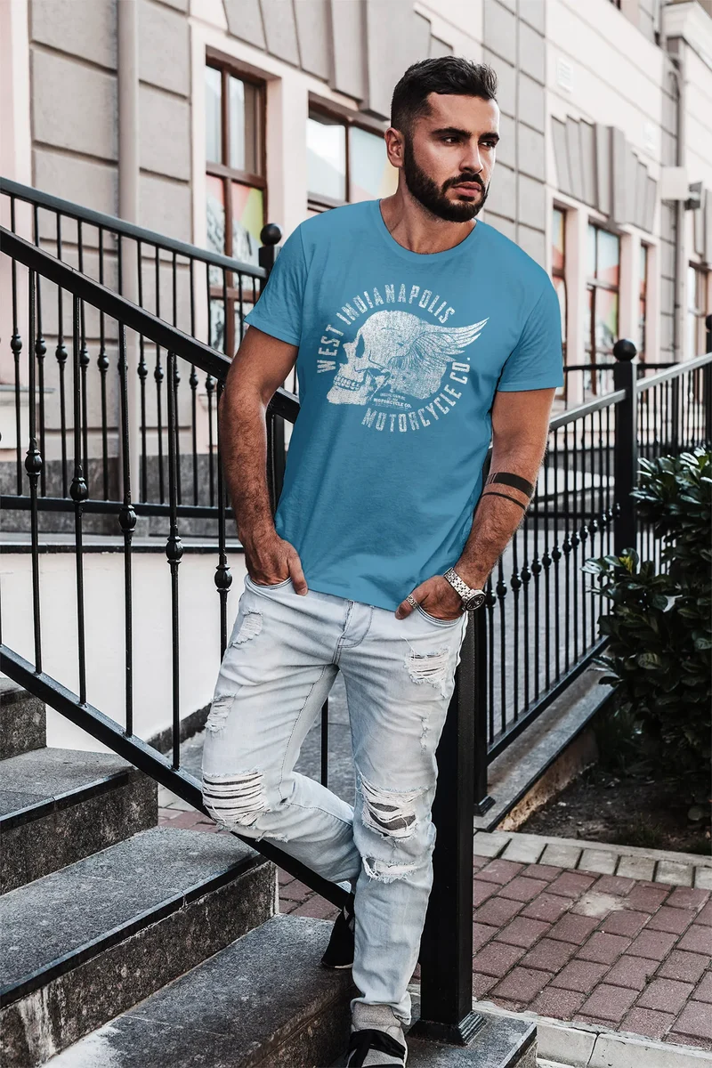 Herren T-Shirt Motorrad Biker Totenkopf Skull Wings Vintage Slim Fit