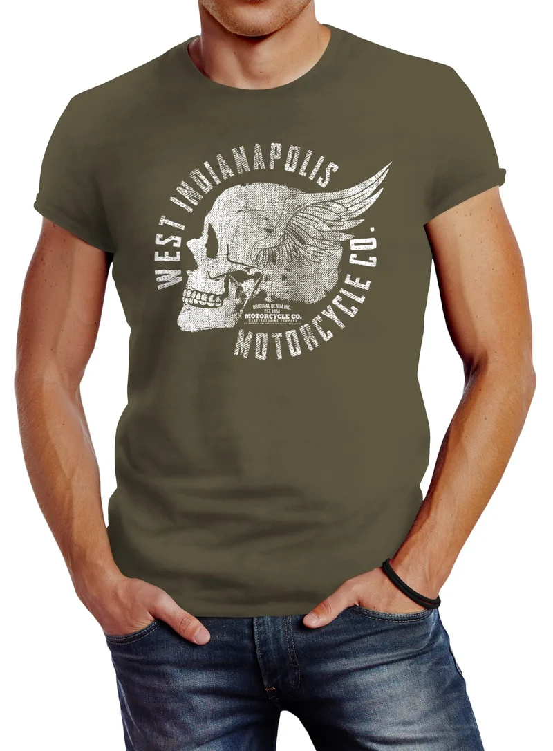 Herren T-Shirt Motorrad Biker Totenkopf Skull Wings Vintage Slim Fit