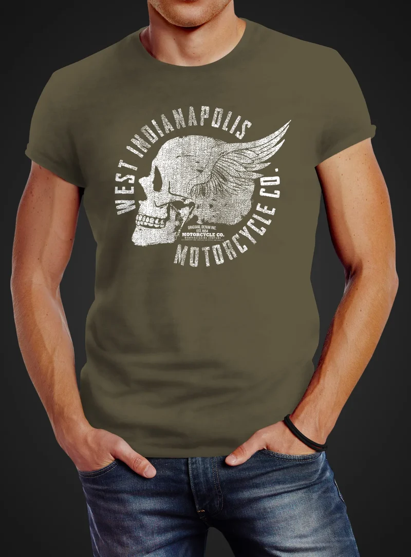 Herren T-Shirt Motorrad Biker Totenkopf Skull Wings Vintage Slim Fit