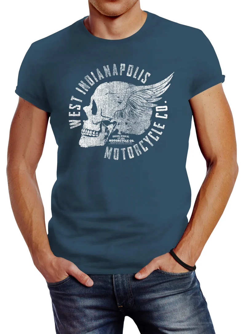 Herren T-Shirt Motorrad Biker Totenkopf Skull Wings Vintage Slim Fit