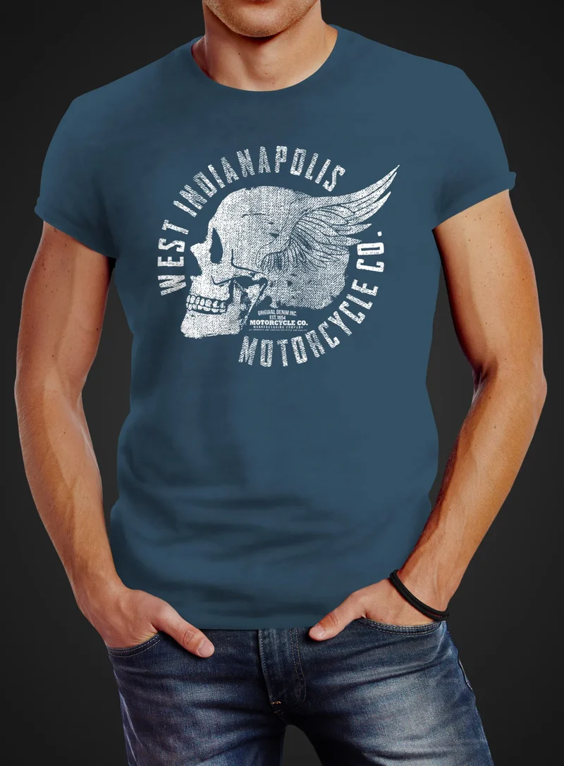 Herren T-Shirt Motorrad Biker Totenkopf Skull Wings Vintage Slim Fit