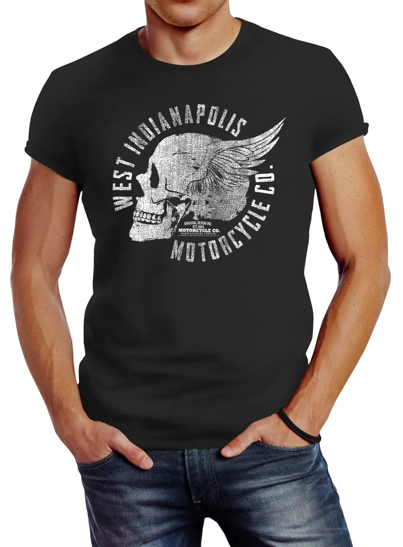 Herren T-Shirt Motorrad Biker Totenkopf Skull Wings Vintage Slim Fit