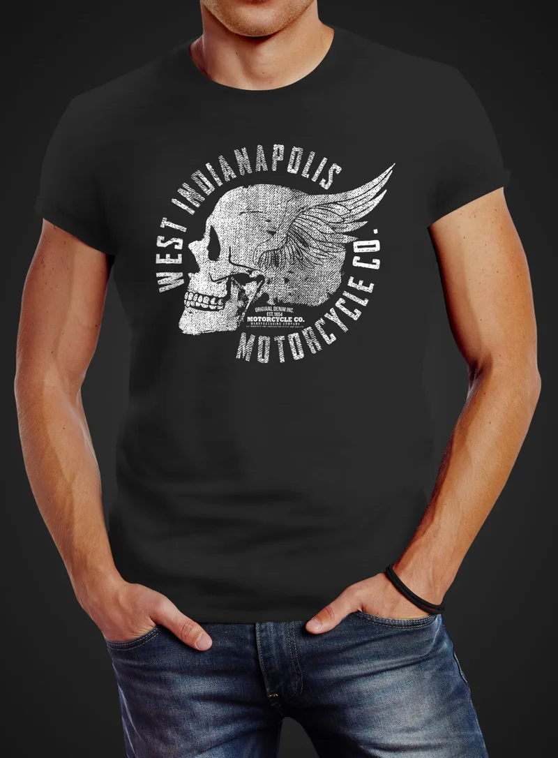 Herren T-Shirt Motorrad Biker Totenkopf Skull Wings Vintage Slim Fit