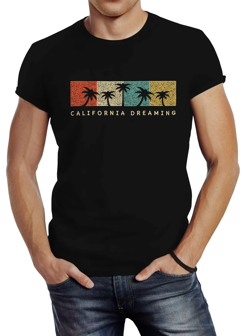 Herren T-Shirt California Dreaming Summer Party Palmen Palms Retro Slim Fit