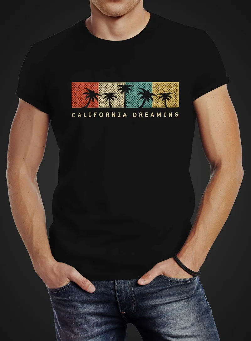 Herren T-Shirt California Dreaming Summer Party Palmen Palms Retro Slim Fit