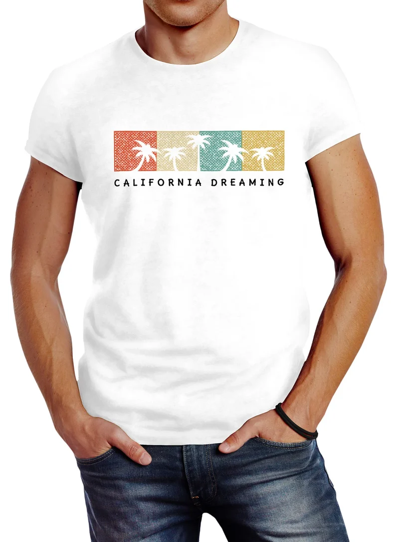 Herren T-Shirt California Dreaming Summer Party Palmen Palms Retro Slim Fit
