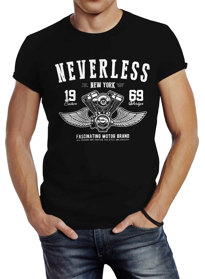 Herren T-Shirt Biker Motorrad Motorblock Engine Flügel Wings Slim Fit