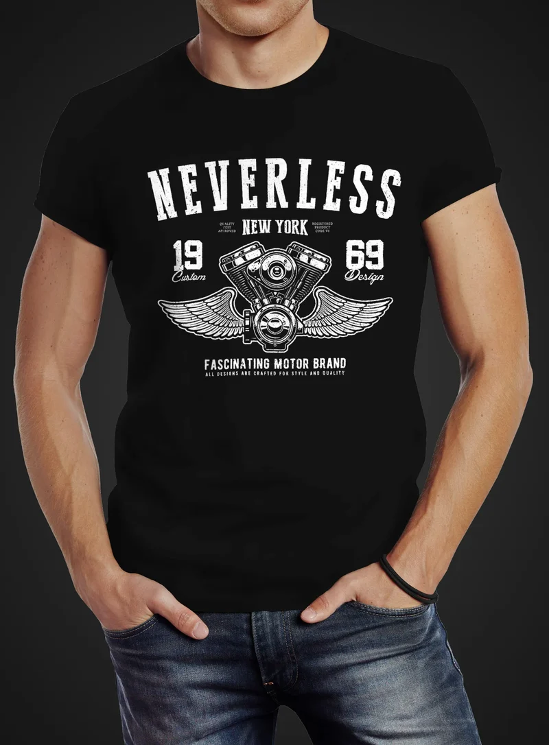 Herren T-Shirt Biker Motorrad Motorblock Engine Flügel Wings Slim Fit