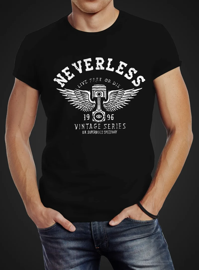 Herren T-Shirt Biker Motorrad Motorblock Engine Flügel Wings Slim Fit