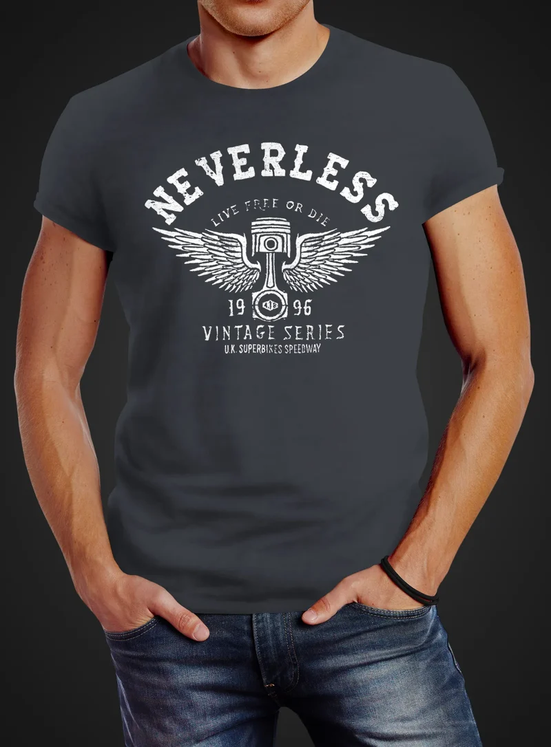 Herren T-Shirt Biker Motorrad Motorblock Engine Flügel Wings Slim Fit