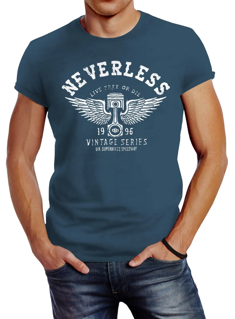 Herren T-Shirt Biker Motorrad Motorblock Engine Flügel Wings Slim Fit