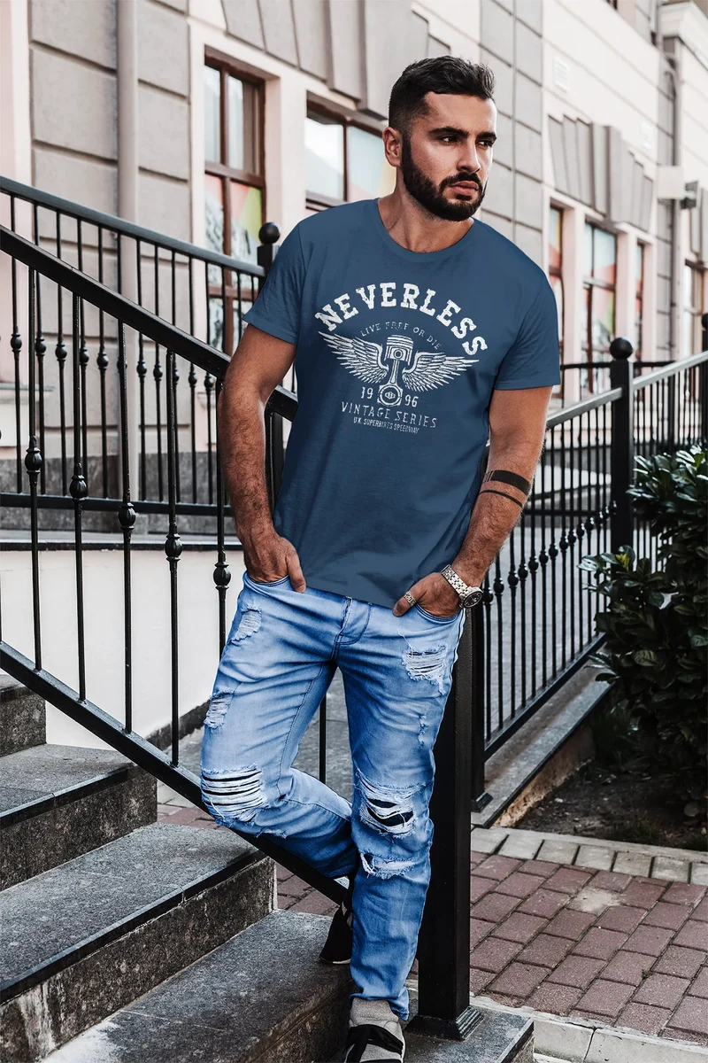 Herren T-Shirt Biker Motorrad Motorblock Engine Flügel Wings Slim Fit
