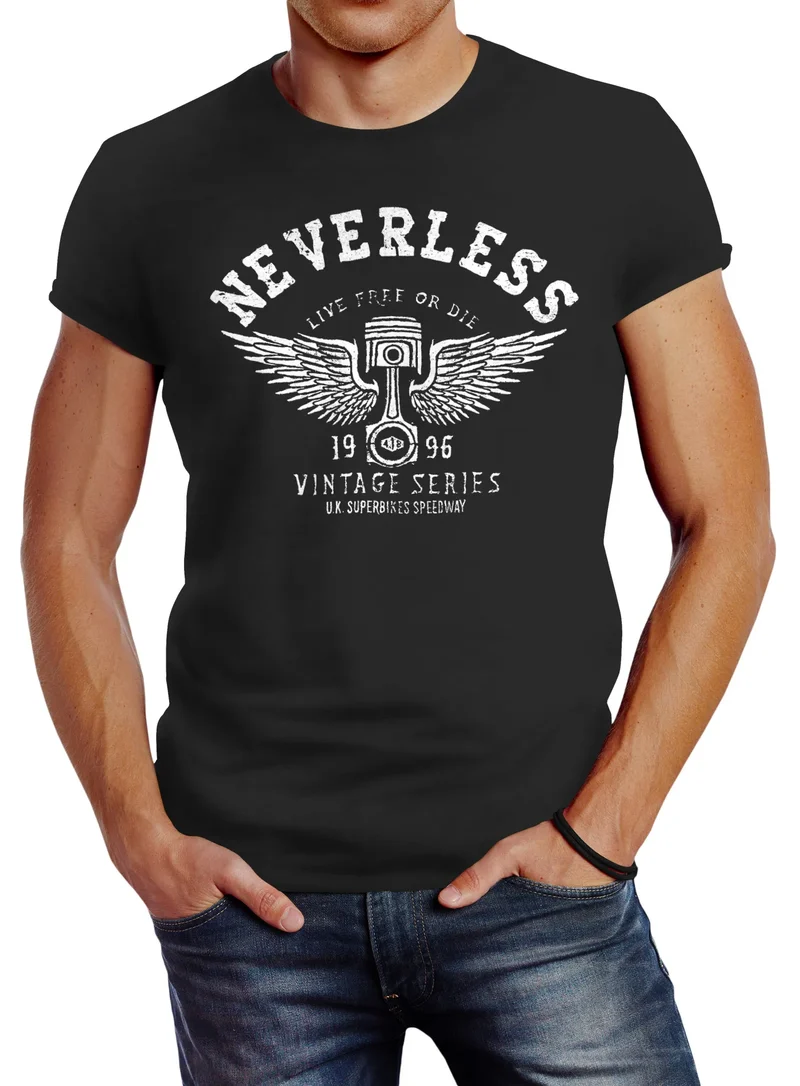 Herren T-Shirt Biker Motorrad Motorblock Engine Flügel Wings Slim Fit
