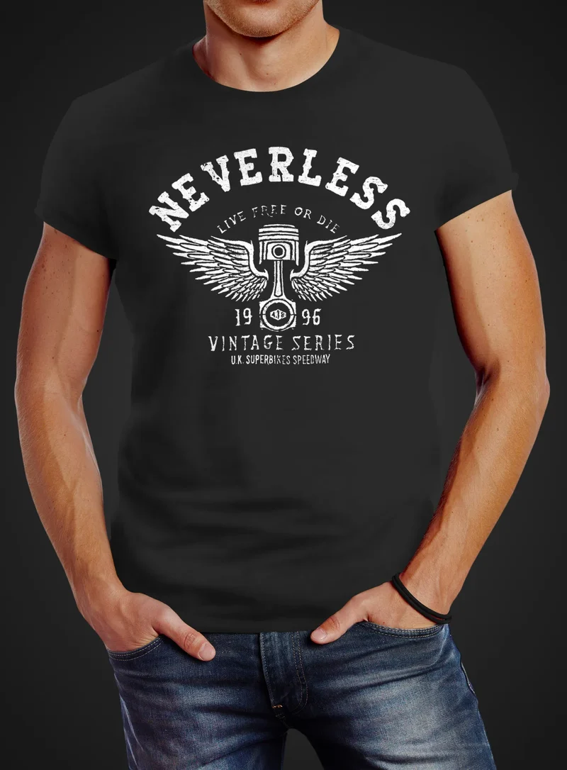 Herren T-Shirt Biker Motorrad Motorblock Engine Flügel Wings Slim Fit