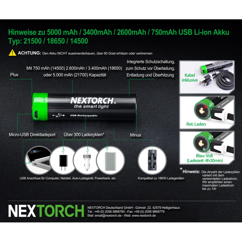 NEXTORCH DC0084C Akku 18650 USB Lithium-Ion (Li-Ion) -DC0084C- 3.6V 3.400mAh